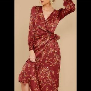 Burgundy Floral Print Wrap Midi Dress